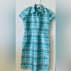 Casual Corner Plaid Shirt Dress Size 2 Blue Green Button Front Short Sleeve